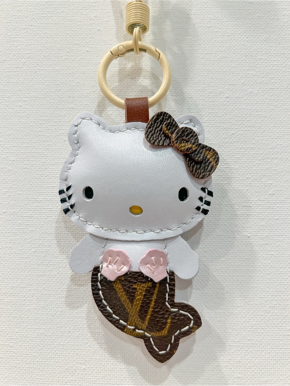 Upcycled LV Monogram Leather Hello Kitty Mermaid Bag Charm Keychain Pink Shells
